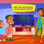 Animated African mom and kids