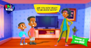 Animated African mom and kids